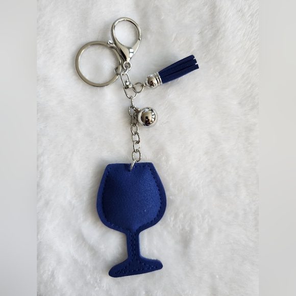 Wine Glass Blue and Silver Rhinestone Keychain Bag Charm - Picture 3 of 3